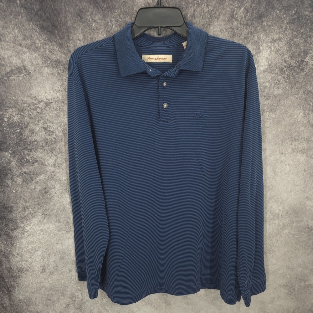 Tommy Bahama Polo Shirt Mens Medium Striped Long Sleeve Nautical Travel Casual*